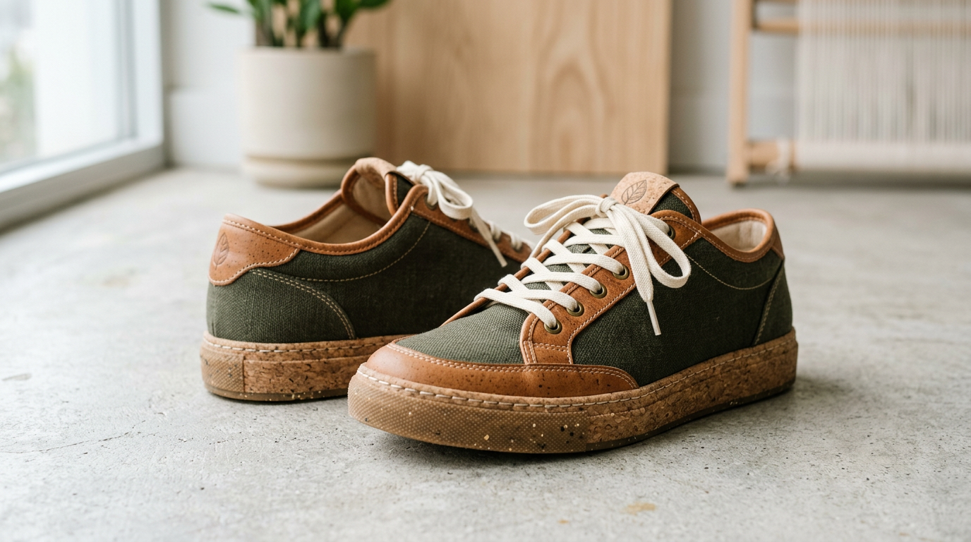 A pair of elegant sustainable custom shoes made from cork and recycled plastic, reflecting commitment to eco-friendly footwear and style.