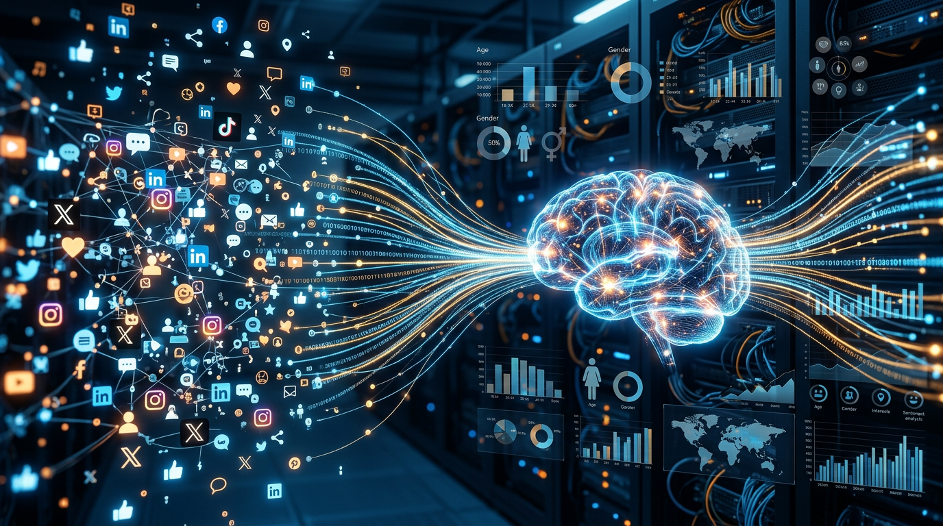 An illustration of artificial intelligence analyzing social media data to understand audience behavior and personalize content strategies.