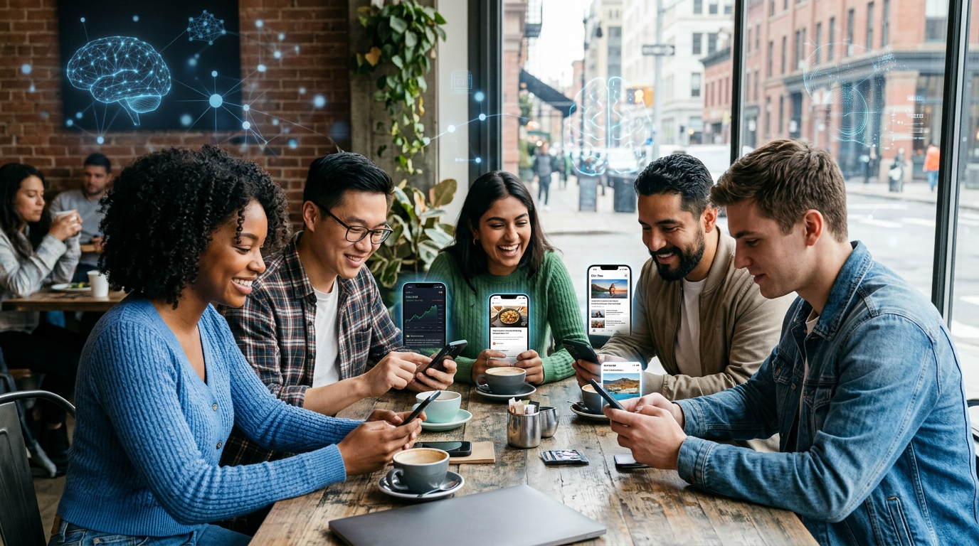 A dynamic visual representing AI-powered personalization in social media content, showing diverse individuals interact with tailored digital experiences driven by artificial intelligence.