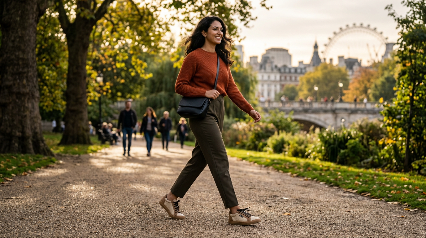A person confidently showcases custom sustainable shoes made from innovative vegan leather, highlighting eco-friendly fashion and modern design.
