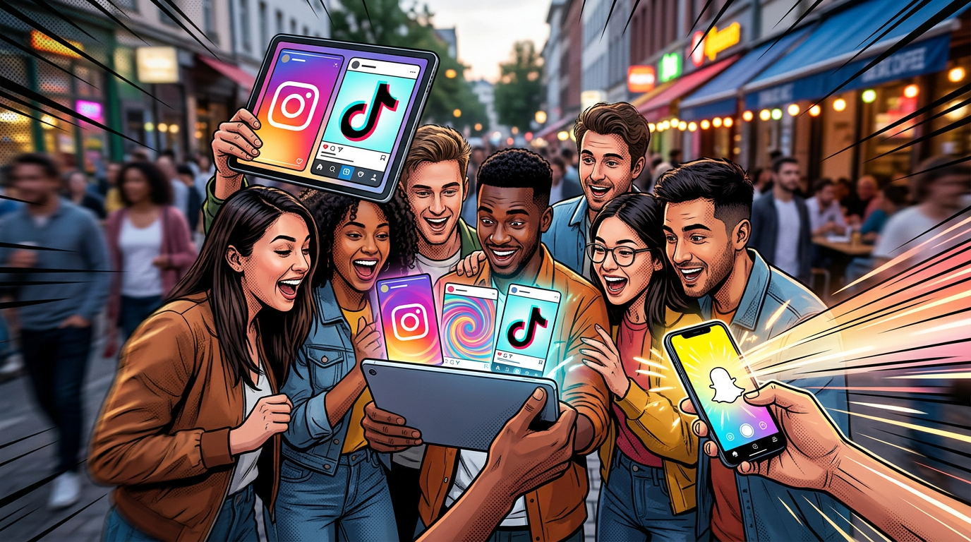 Vibrant illustration of various social media interfaces featuring disappearing content, representing an effective ephemeral content strategy.