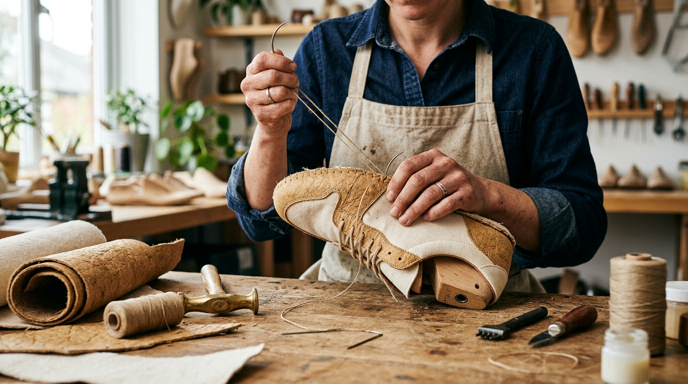 Artisan's hands meticulously stitching a custom sustainable shoe, emphasizing ethical shoemaking and handcrafted quality.