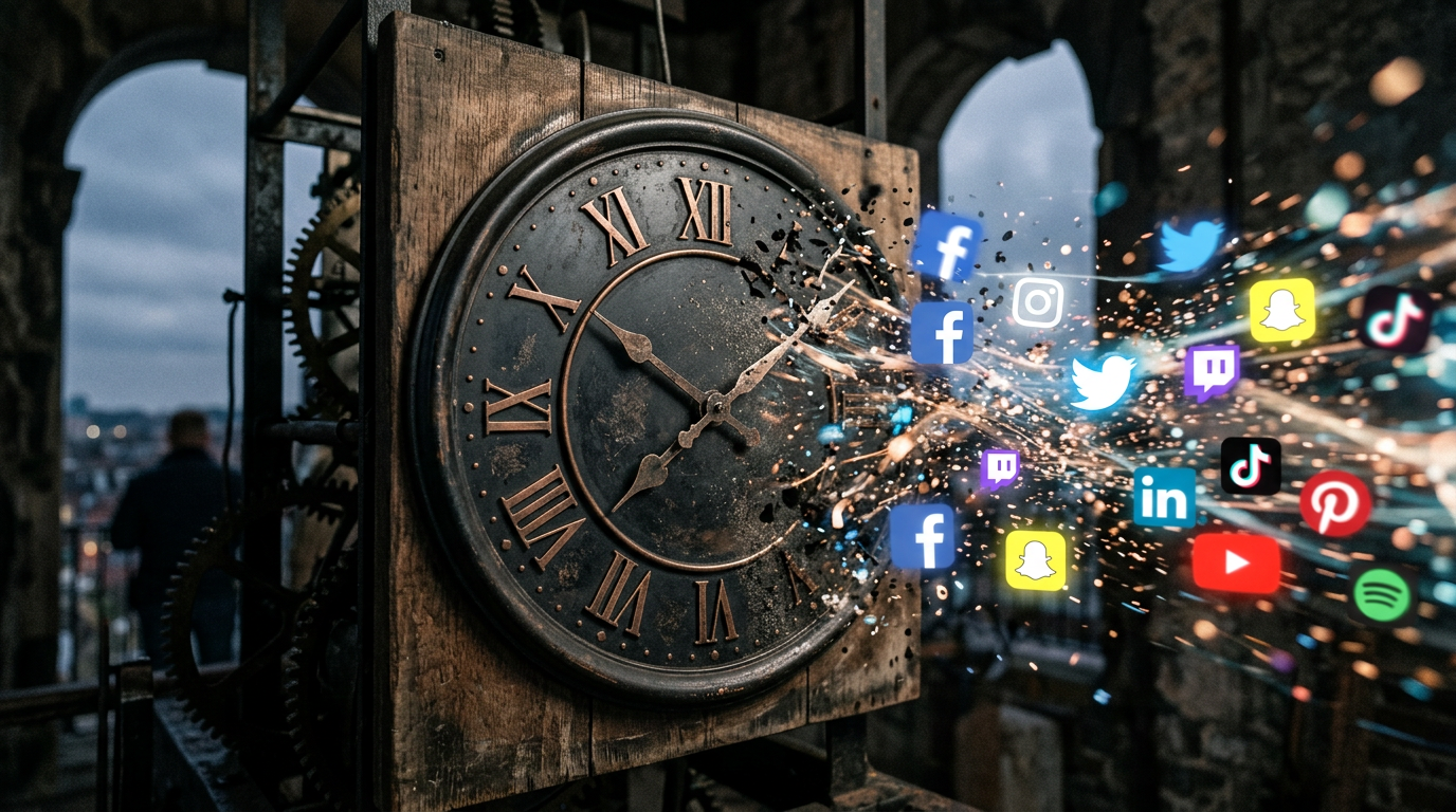 Artistic depiction of a clock face with social media icons, illustrating the time-sensitive aspect of ephemeral content.